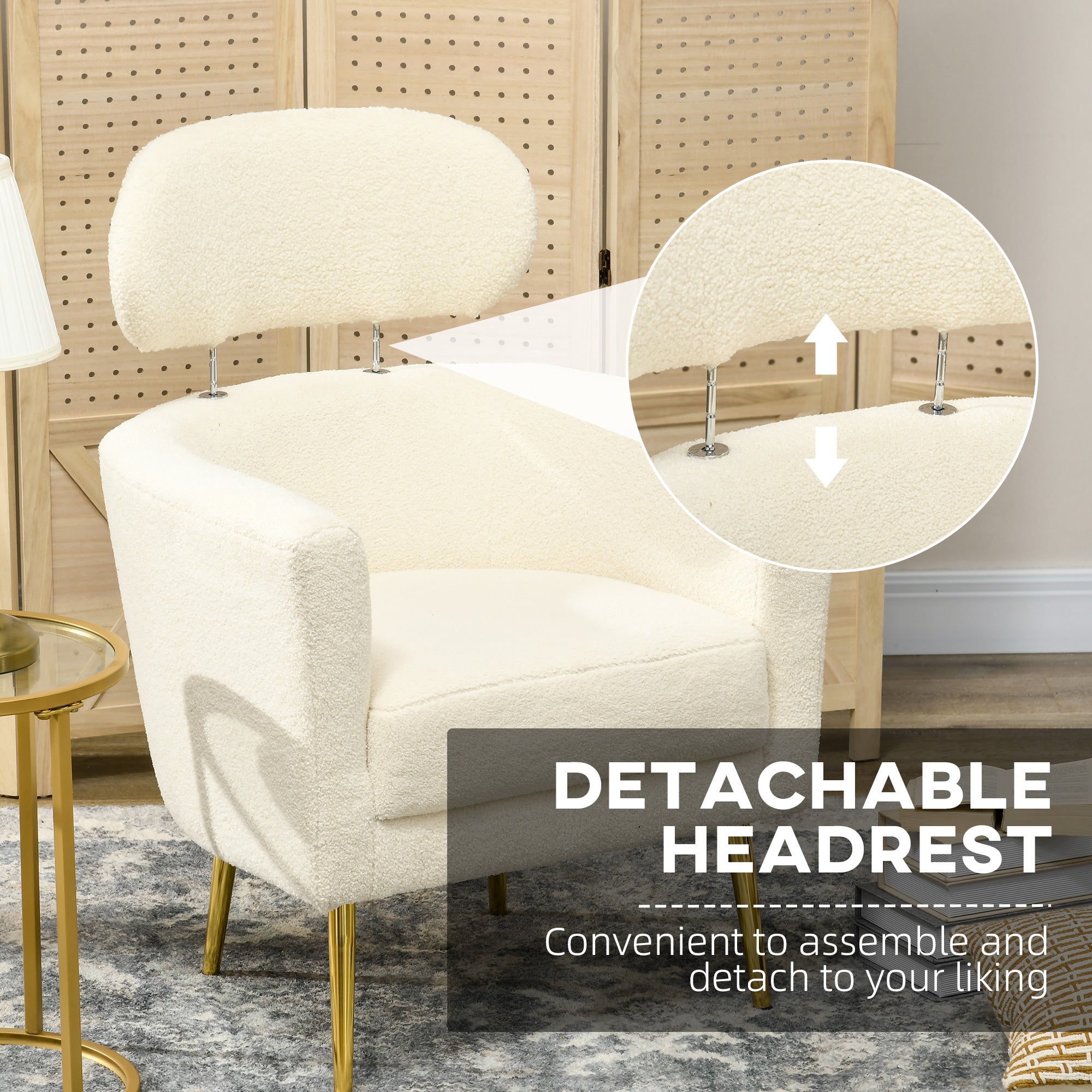Barrel Accent Chair with Detachable Headrest, Modern Armchair for Living Room, Home Office, Cream White