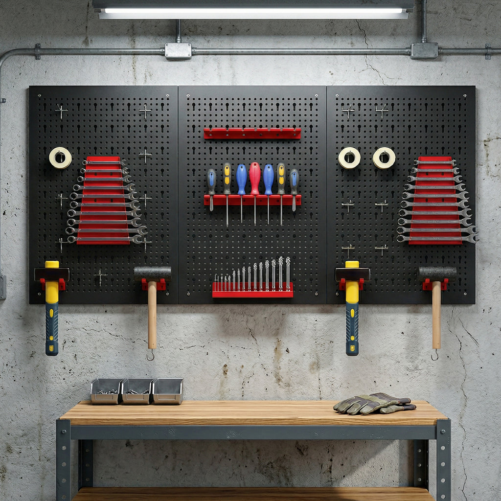 28 Piece Metal Peg Board with Accessories, Shelf Tool Organizer, Black and Red