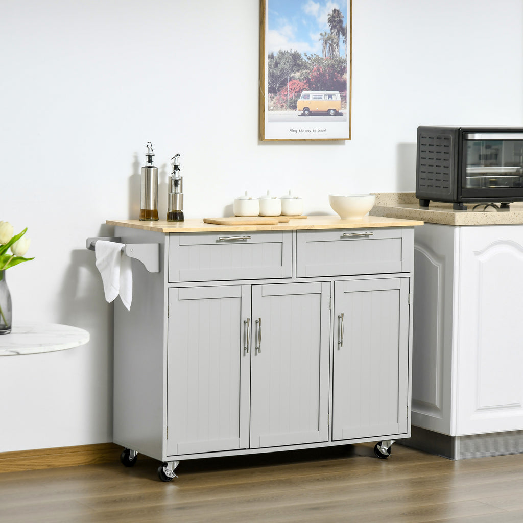 Rolling Kitchen Island, Kitchen Cart on Wheels with 2 Storage Drawers, 3 Door Cabinets and Towel Rack for Dining Room (Grey, 3-Doors)