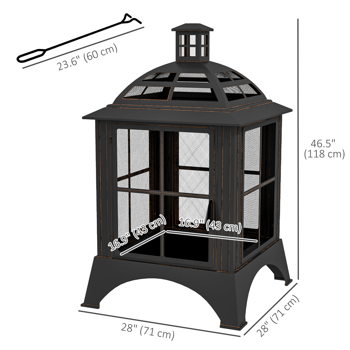 Wood-Burning Fire Pit, Chimney Style Firepit with Poker, 26" x 26", Black