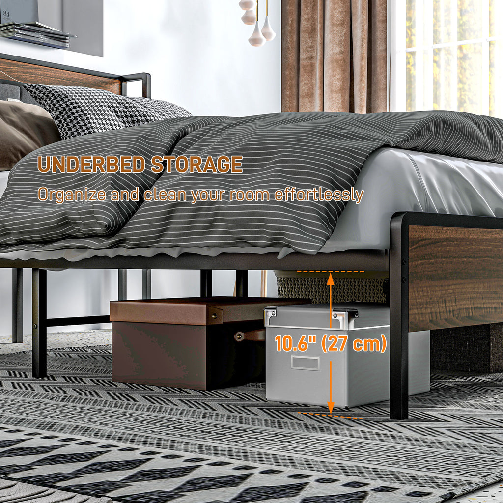 Queen Size Bed Frame with Charging Station, Queen Bed Frame with Upholstered Headboard and Storage Shelf, Walnut