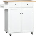 Rolling Kitchen Island with Storage, Kitchen Cart with Rubber Wood Top, Adjustable Shelf, Towel Rack, Hooks and Storage Drawers, White