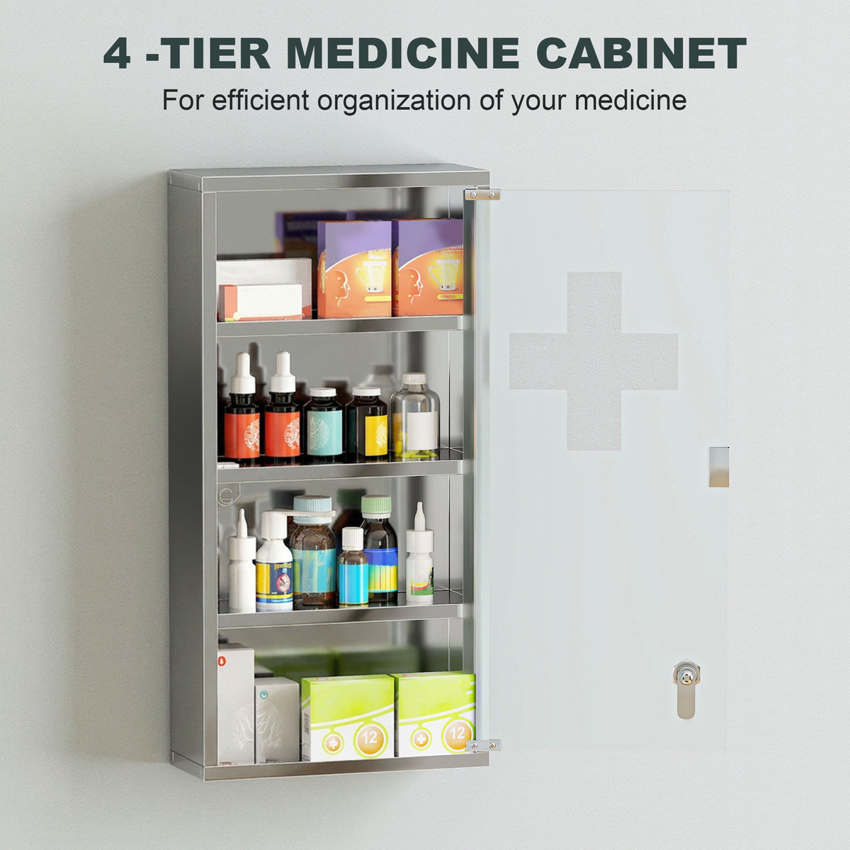 Wall Mount Medicine Cabinet, Bathroom Cabinet with 3 Tier Shelves, Stainless Steel Frame and Glass Door, Lockable with 2 Keys, Silver, 12" x 23.5"
