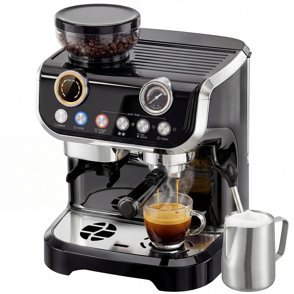 15 Bar Coffee Maker Espresso Machine with Grinder Milk Frother Stainless Steel Espresso Maker for Cappuccino Latte Black