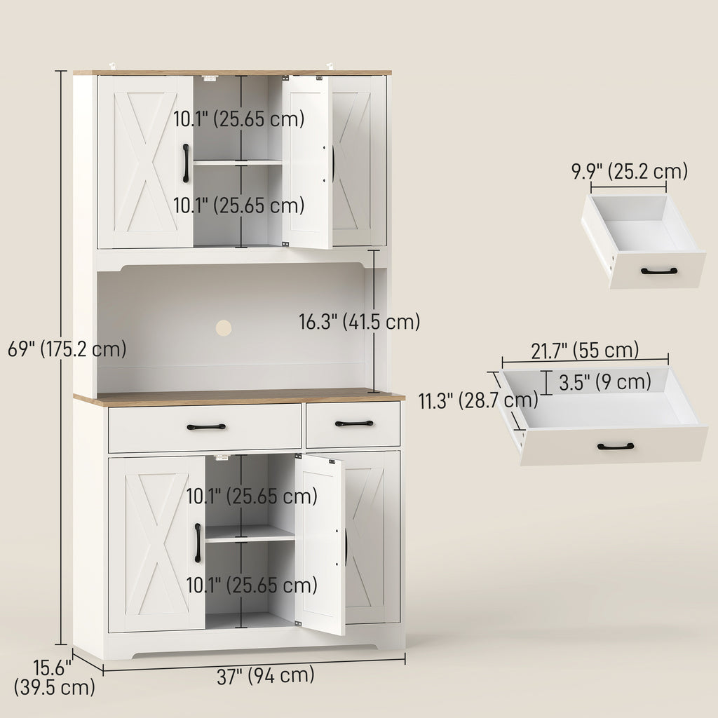 Tall Kitchen Pantry, 6 Doors, 2 Drawers, Adjustable Shelves & Worktop, Rustic Storage Cabinet for Living Room White