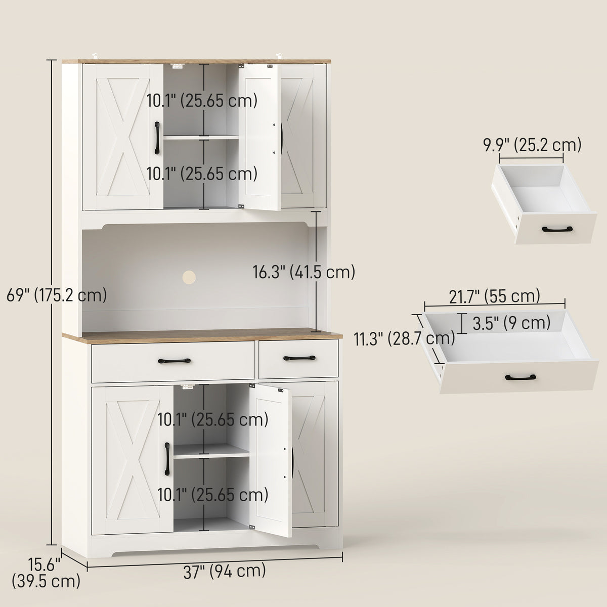 Tall Kitchen Pantry, 6 Doors, 2 Drawers, Adjustable Shelves & Worktop, Rustic Storage Cabinet for Living Room White