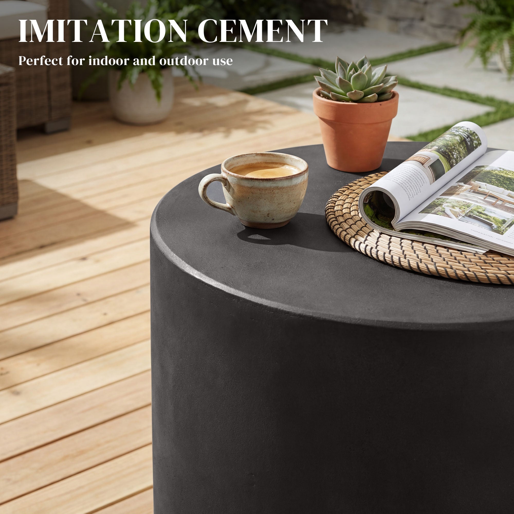 Terrazzo Finish Side Table, 17" Round End Table for Indoor and Outdoor, Charcoal Grey