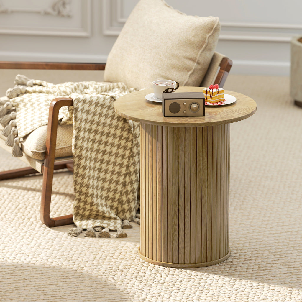Round Side Table, Fluted Accent End Table, Narrow Nightstand for Small Spaces, Living Room, Oak