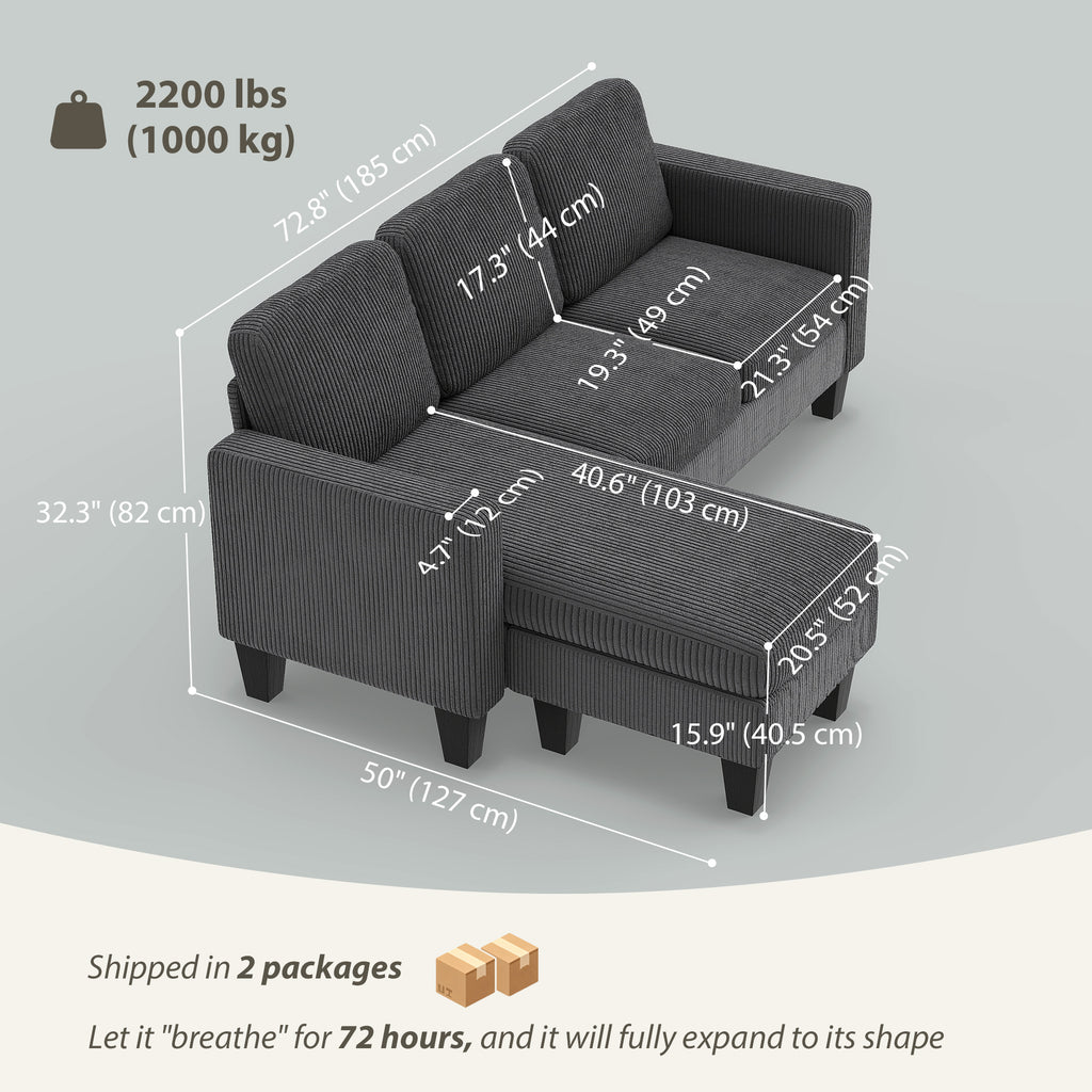 Sectional Sofa, L Shaped Couch, with Changeable Chaise or Ottoman, Dark Grey