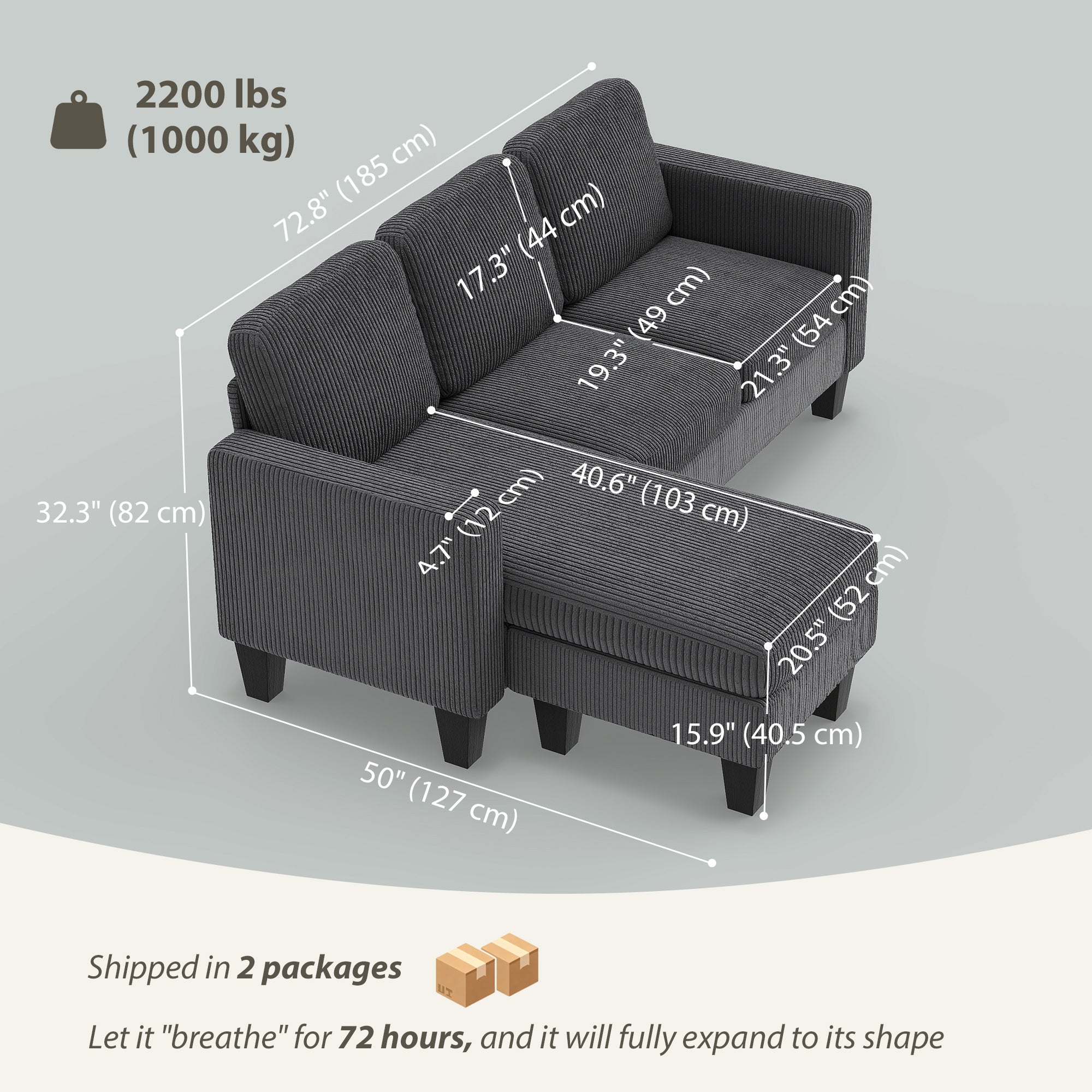 Sectional Sofa, L Shaped Couch, with Changeable Chaise or Ottoman, Dark Grey