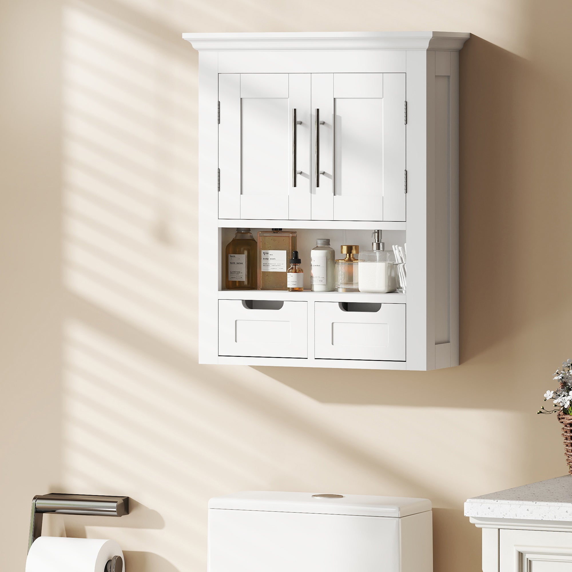 Bathroom Wall Cabinet, Medicine Cabinet, Toilet Storage Cabinet with Shelf for Living Room and Entryway, White