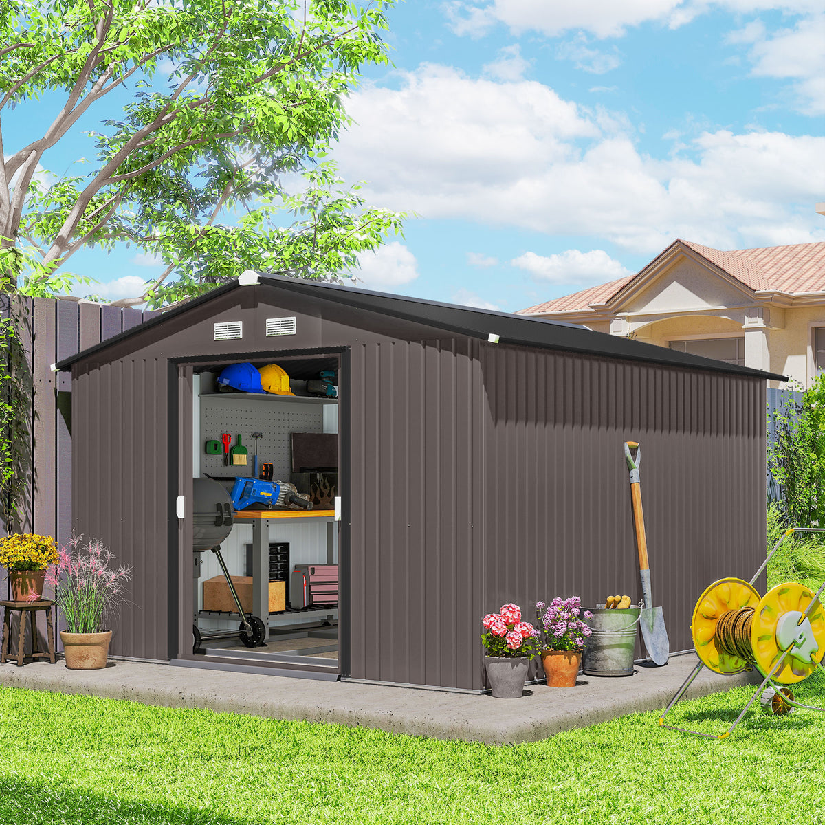 11' x 13'Garden Storage Shed w/ Foundation Kit Metal Tool Storage House w/ Double Doors Yellow