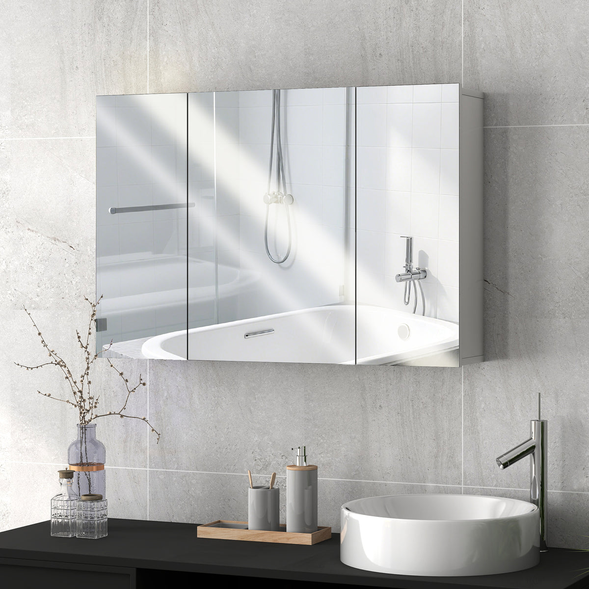 28" x 24" Wall Mounted Mirror Cabinet, Bathroom Medicine Cabinet with Mirror, 3 Doors and Adjustable Shelves, White