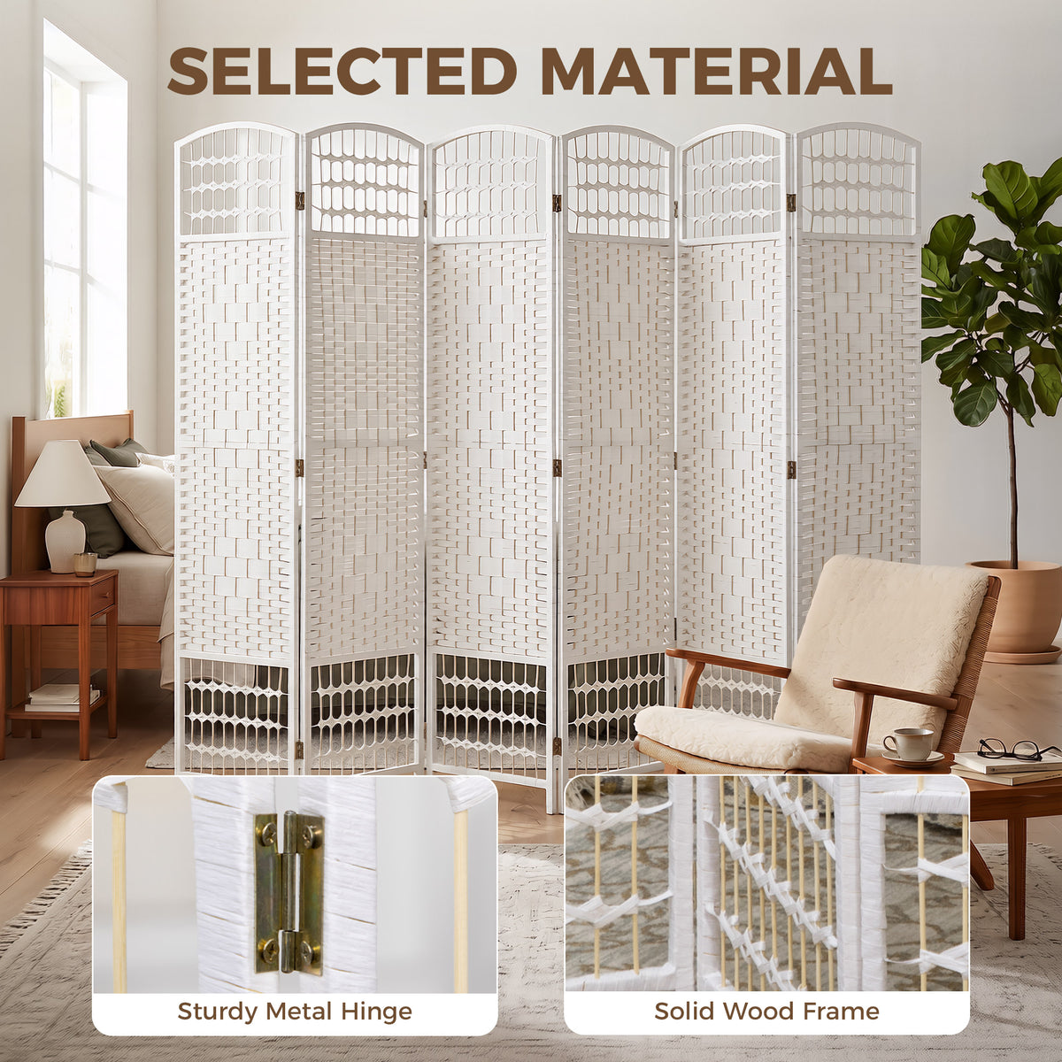 4 Panel Folding Room Divider, Portable Privacy Screen, Wave Fiber Room Partition for Home Office, White