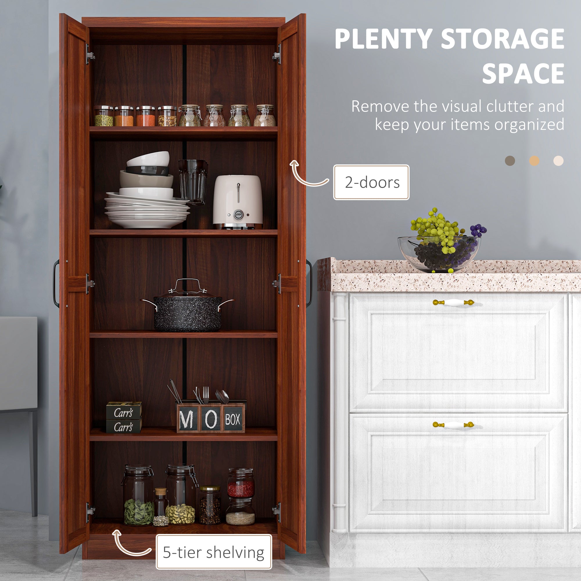 63" Kitchen Storage Cabinet, 5-tier Pantry Cabinet with Doors and Adjustable Shelves for Dining Room, Tan