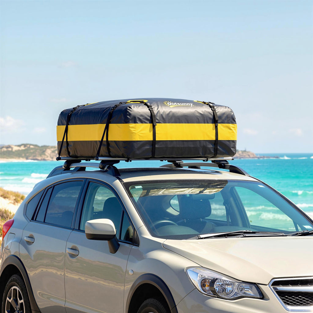 Rooftop Cargo Carrier, 15 Cubic Feet Waterproof Soft-Shell Car Roof Storage Bag with Door Hooks, Anti-Slip Mat