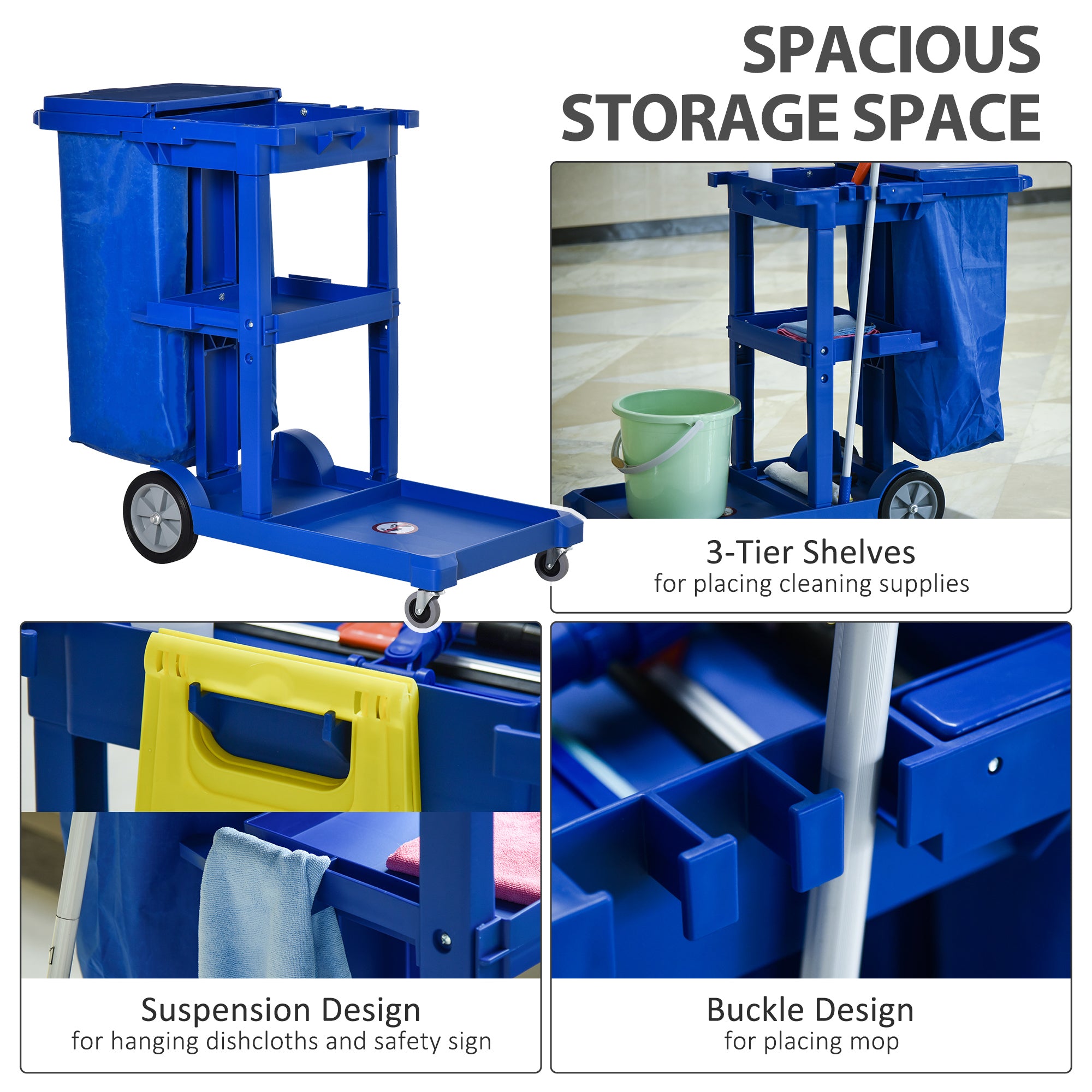 Commercial Janitorial Cart with 3 Tier Shelves, Professional Cleaning Cart with Rubbish Bag with Lid and Mop Mount for Hotel, Restaurant, Office, Blue