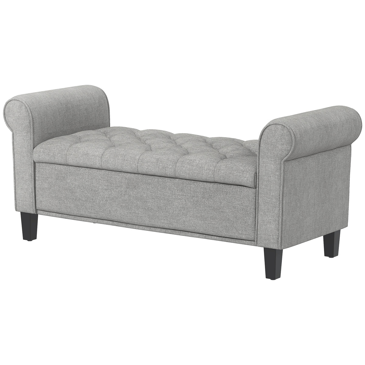 50 Inches Storage Ottoman, Upholstered Bedroom Bench with Rolled Arms and Button Tufted Storage, Light Grey