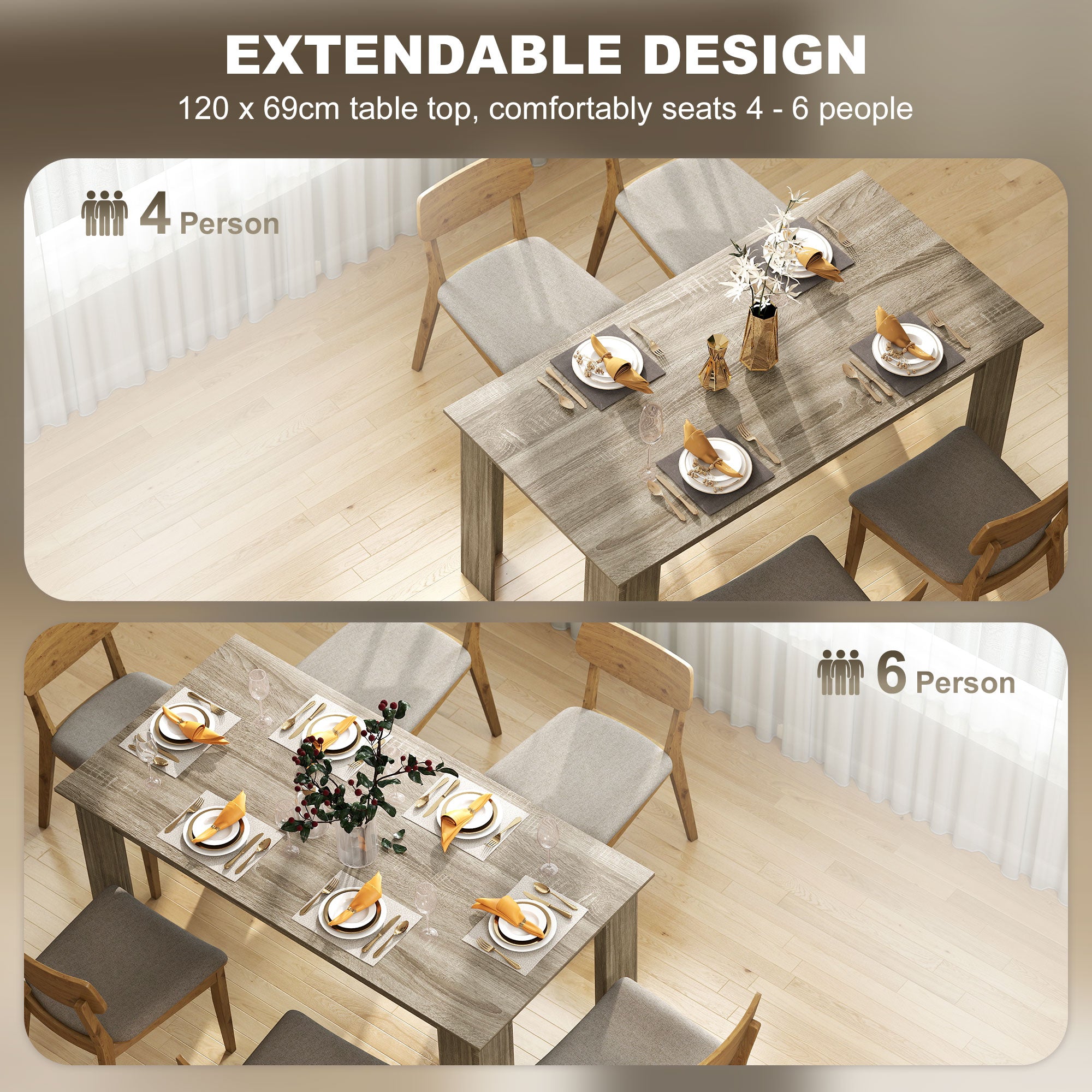 47" Kitchen Table for 4-6 People, Dining Table with Wood Effect for Dining Room, Oak