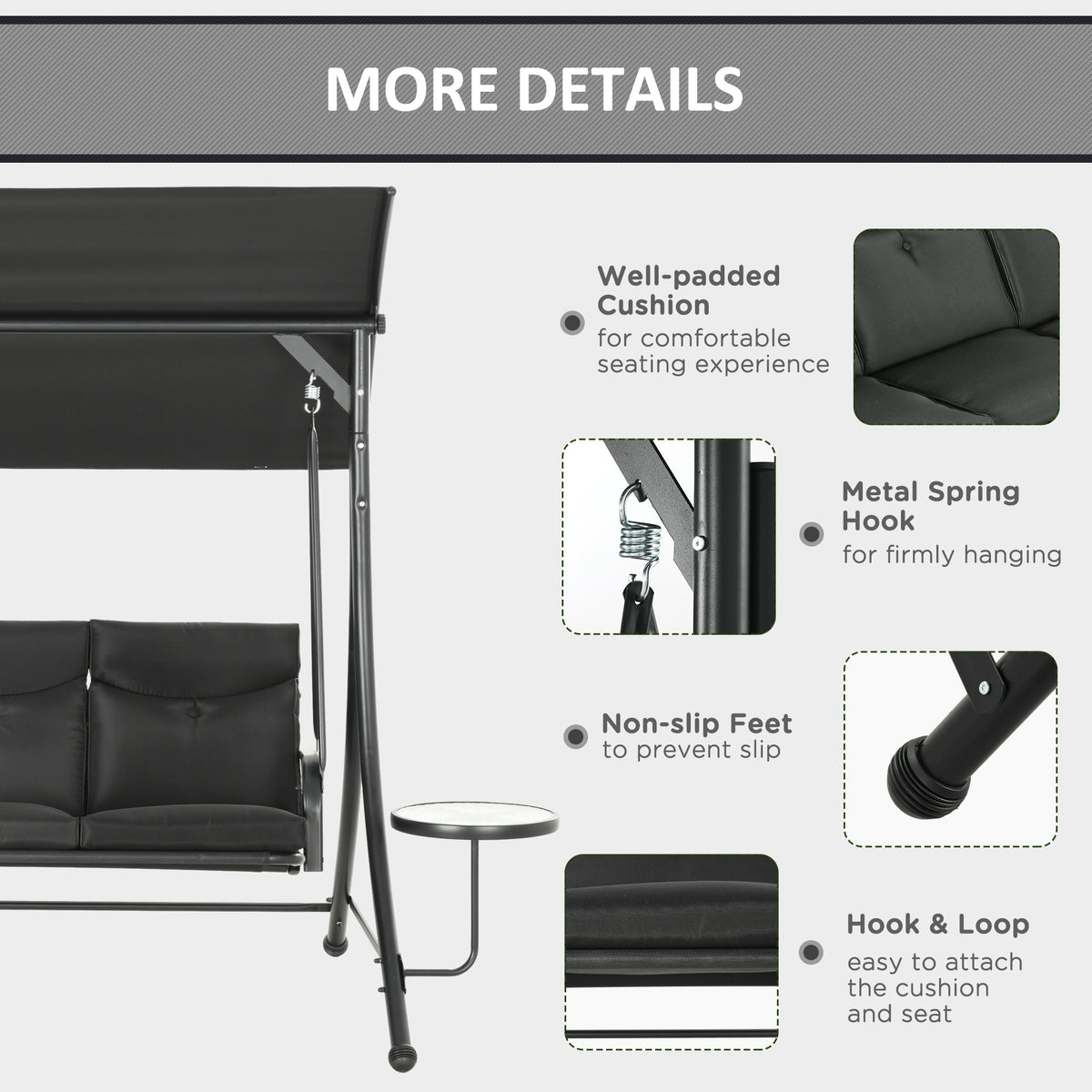 3-Seat Outdoor Swing Chair Steel Swing Bench with Adjustable Canopy & Coffee Tables & Cushion for Patio Garden, Black
