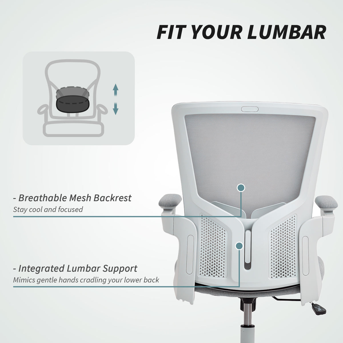 Ergonomic Office Chair, Swivel Desk Chair with Adjustable Lumbar Support and Height, Flip-up Armrests, Wheels, Grey