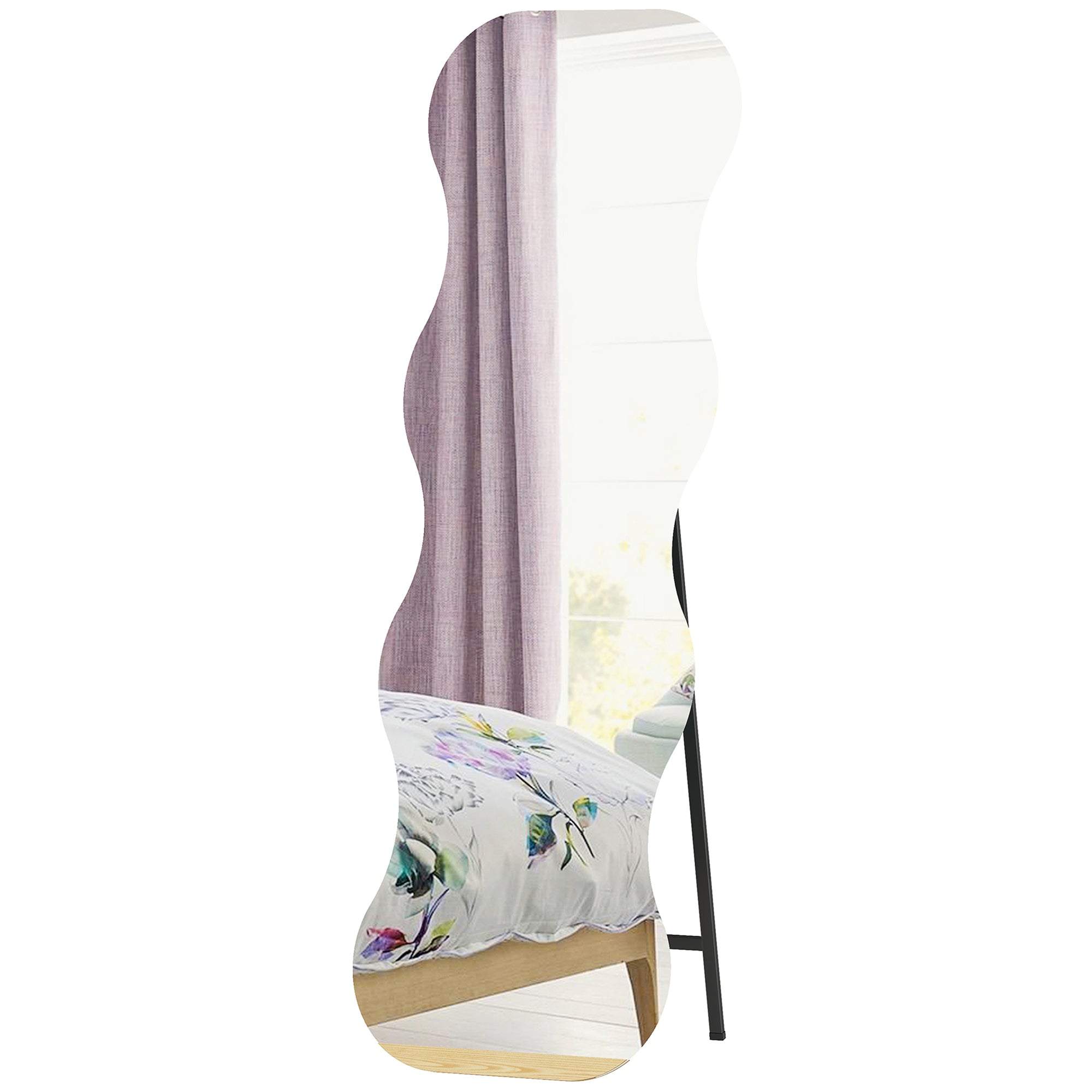 64" x 21" ሙሉ ቁመት መስታወት፣ ቅርጺ ዘይብሉ ሞገድ ዘለዎ ፍሬም ዘይብሉ ሙሉ ኣካል መስታወት ምስ ፓይን ዕጨይሽ መሰረት ንክፍሊ ድቃስ፣ ጸሊም