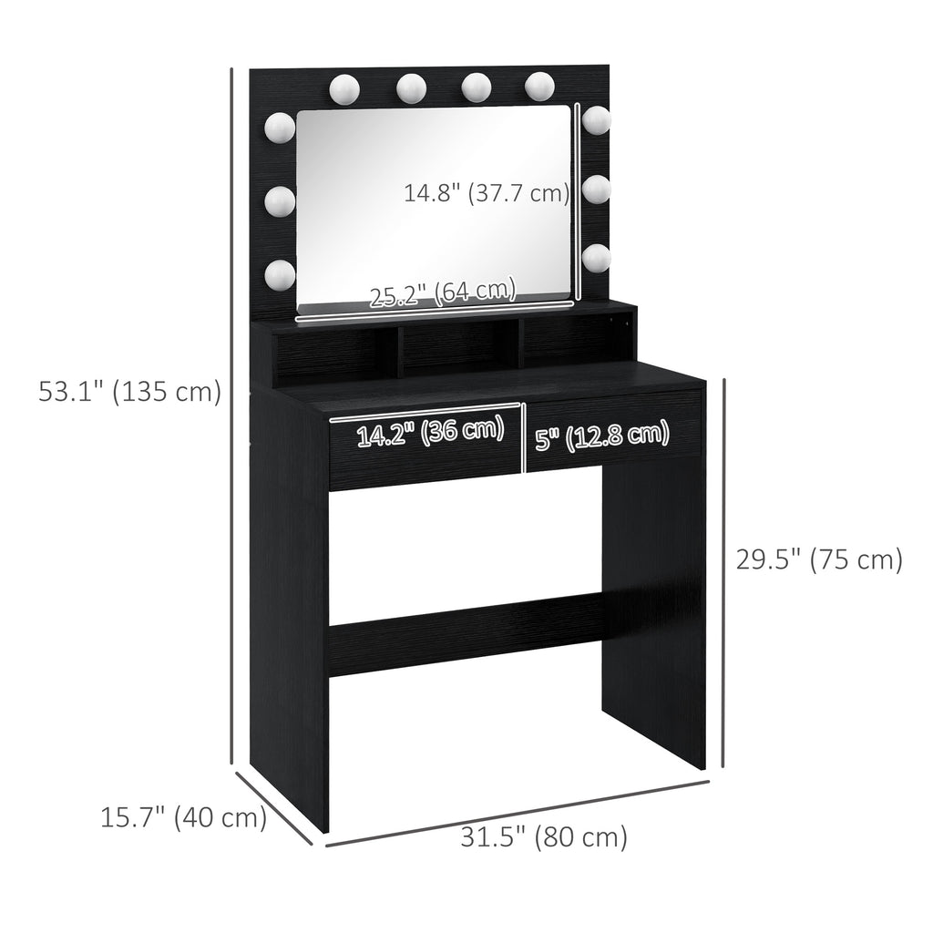 Vanity Table, Makeup Dressing Table with LED Lighting Mirror, Drawers, for Bedroom, Black