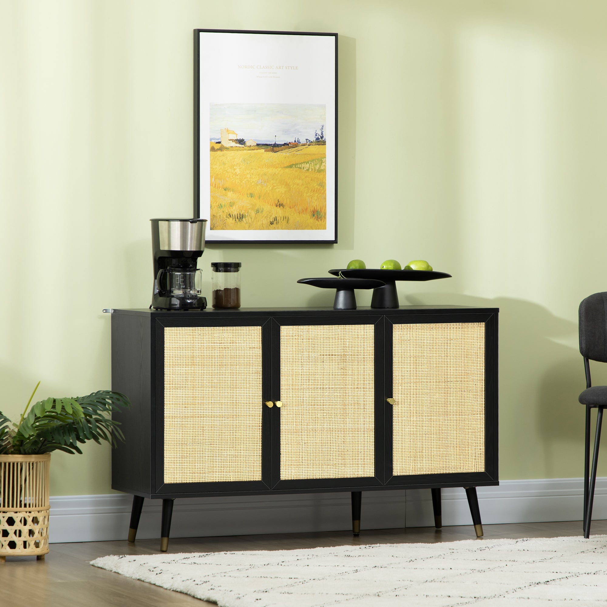 Kitchen Sideboard Cabinet, Boho Storage Cabinet with Shelves, Wood Legs, Decorative Rattan Doors, Black