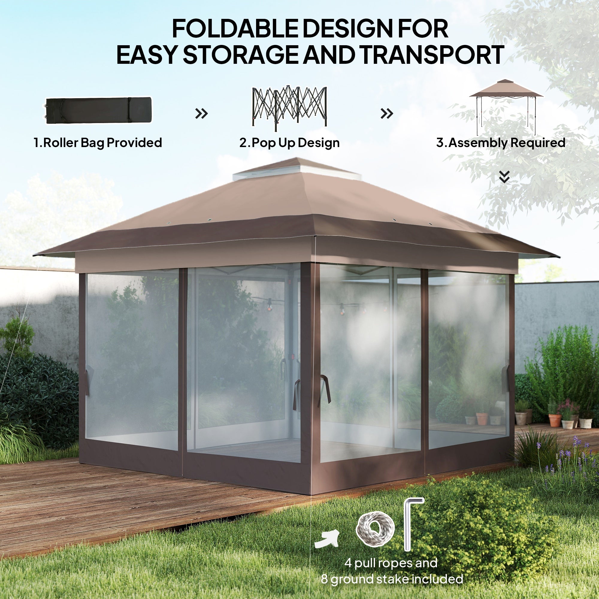 12' x 12' Foldable Pop-up Party Tent Instant Canopy Sun Shade Gazebo Shelter with Steel Frame, Khaki