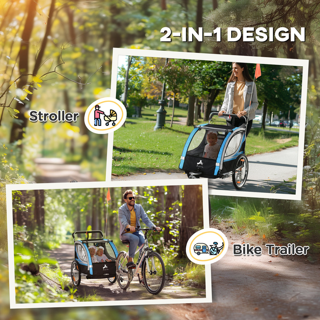 Aosom 2 Seat Bike Trailer for Kids 2-in-1 Double Baby Stroller with Handbrake, Rubber Wheels, 5 Point Harness, Waterproof Cover, Storage Bag, Reflectors, Green