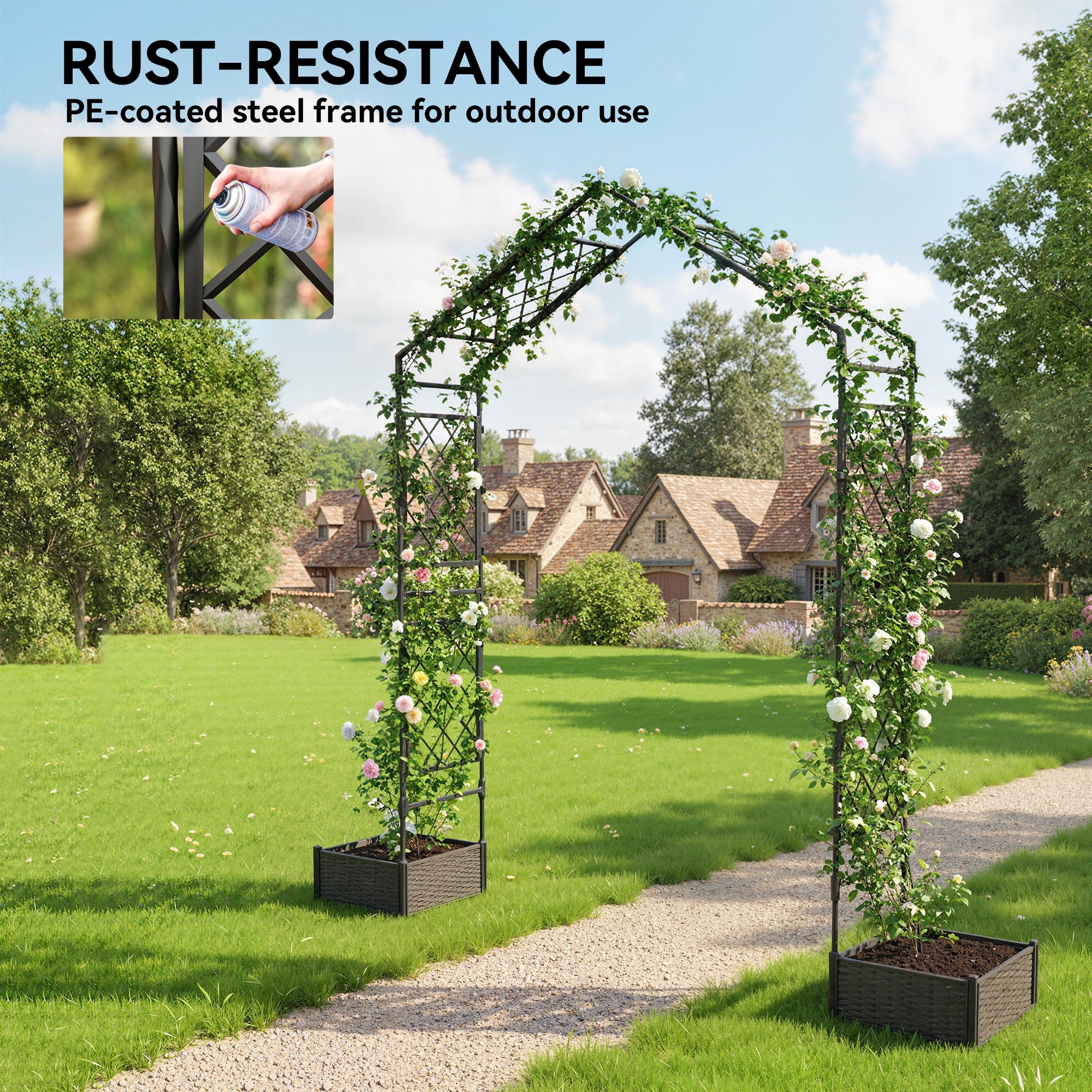 Garden Arch Outdoor Trellis Arbor with 2 Planter Boxes, 109.4" x 15.7" x 86.6", Black