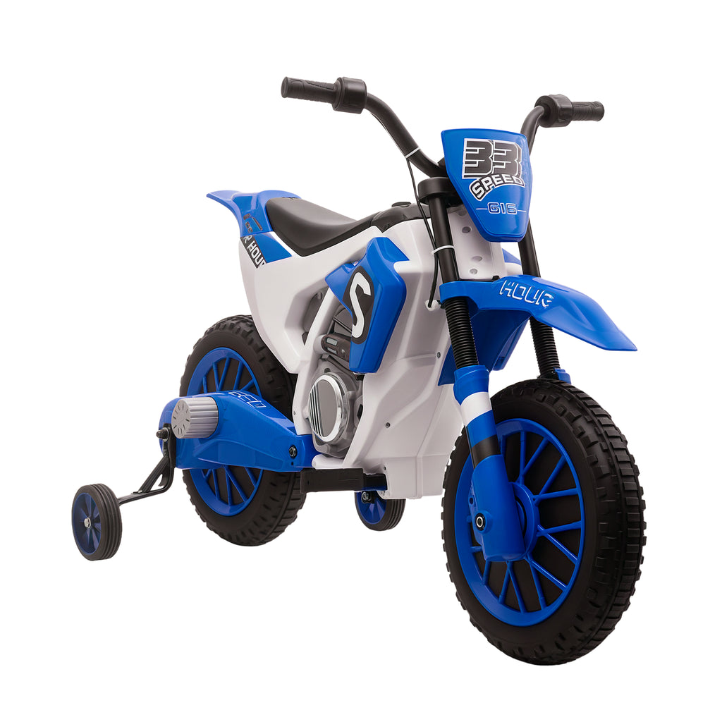 Aosom Kids Dirt Bike 12V Battery-Powered Ride-On Electric Motorcycle with Charging Battery, Training Wheels Blue