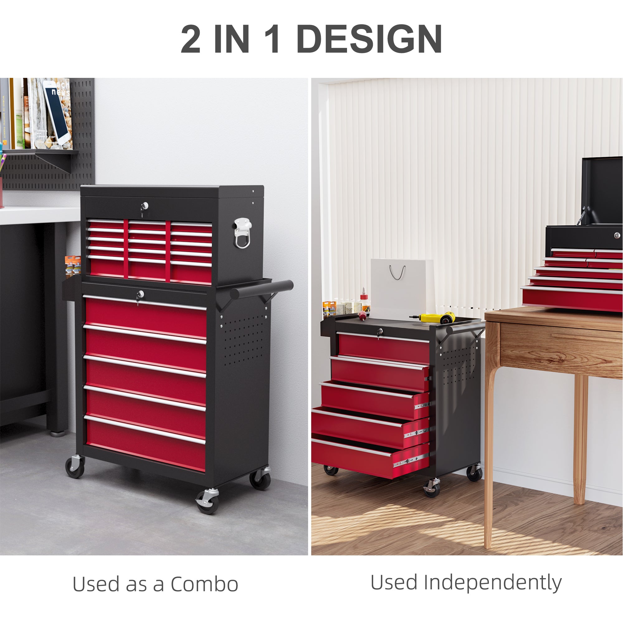14 Drawer Rolling Tool Chest, Lockable Tool Storage Cabinet with Detachable Top Toolbox, Protective Liner, Black