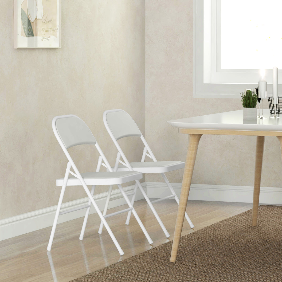 Set of 4 Metal Foldable Chairs, PU Leather Padded Folding Chairs with Cushion Seat and Open Back for Indoor, White