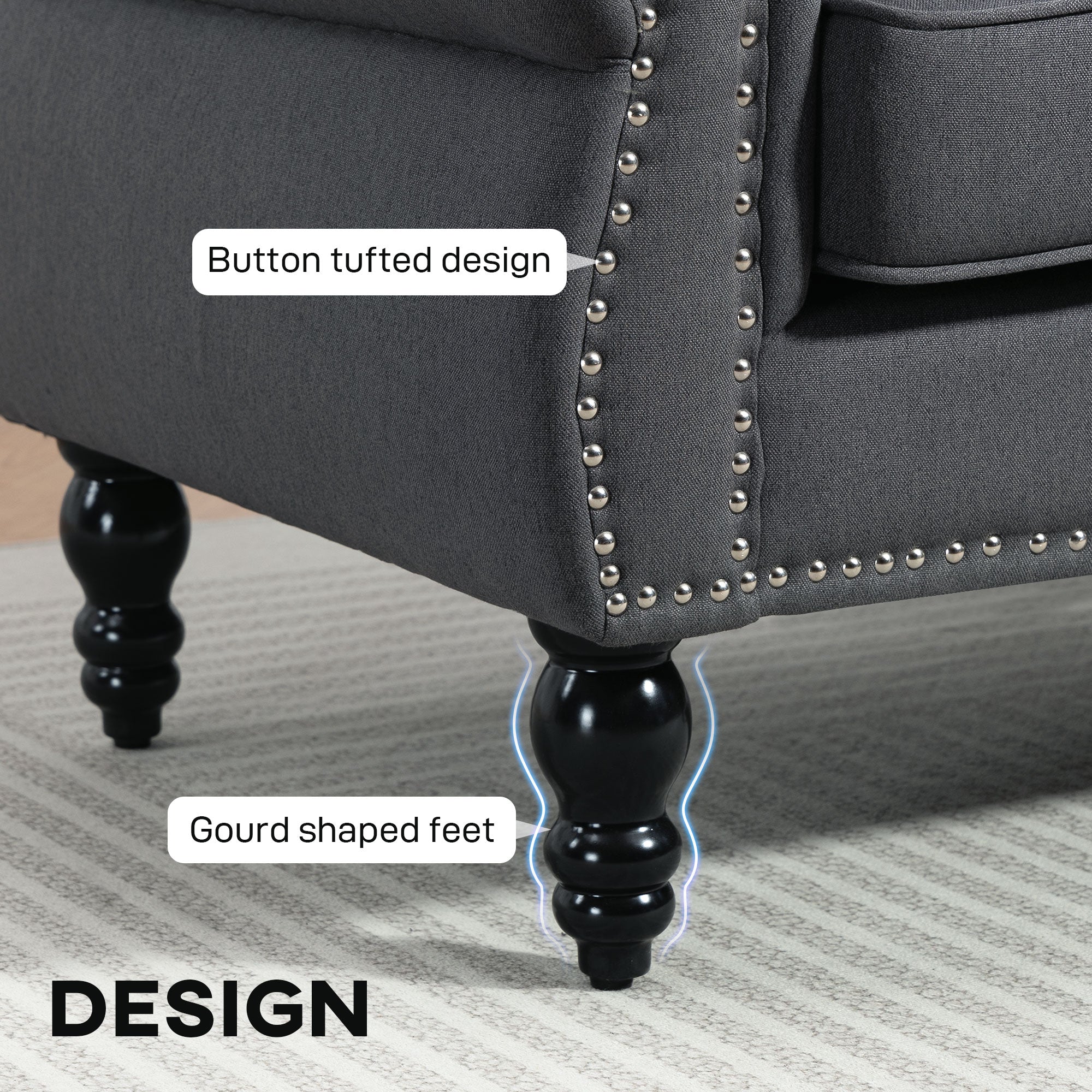 Stylish Midback Double Sofa with Sponge Padding, 2 Seater Sofa Couch, with Rubber Wood Leg, Dark Grey