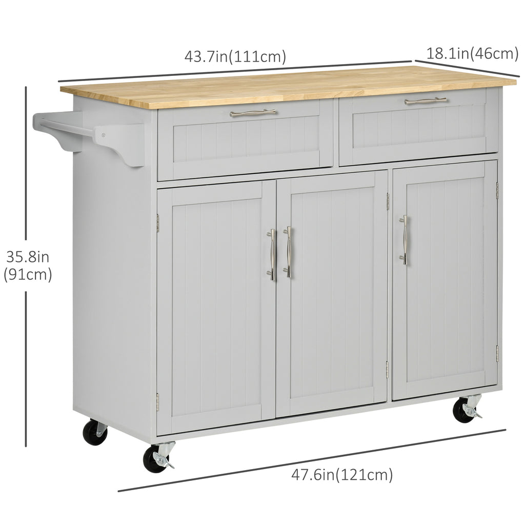 Rolling Kitchen Island, Kitchen Cart on Wheels with 2 Storage Drawers, 3 Door Cabinets and Towel Rack for Dining Room (Grey, 3-Doors)