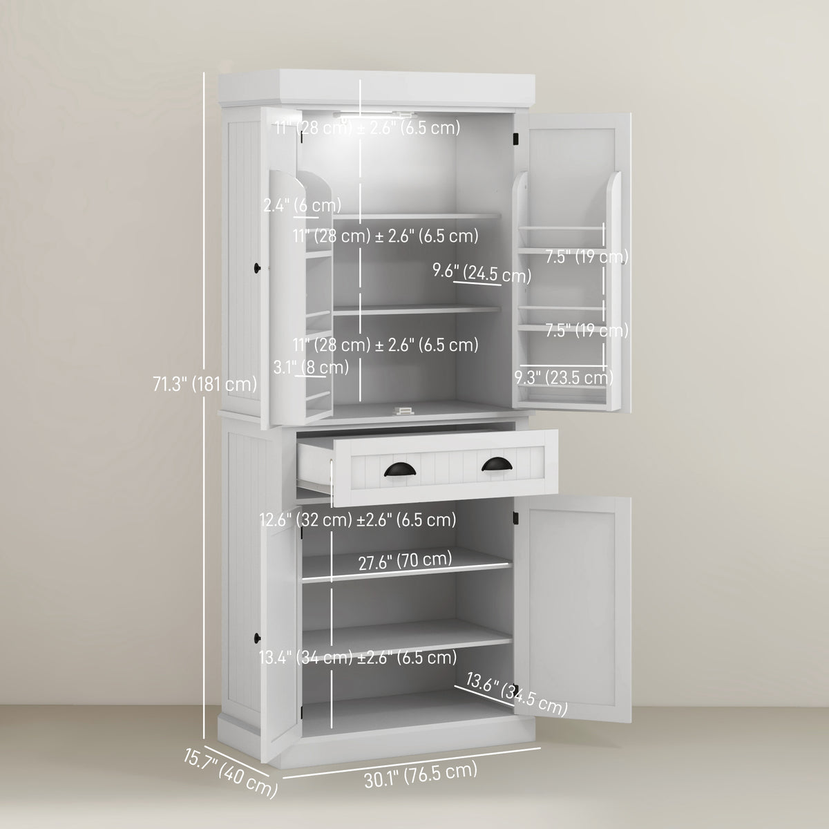 71" Kitchen Pantry Cabinet with LED Lights, 6 Spice Racks, a Drawer and 4 Adjustable Shelves, White