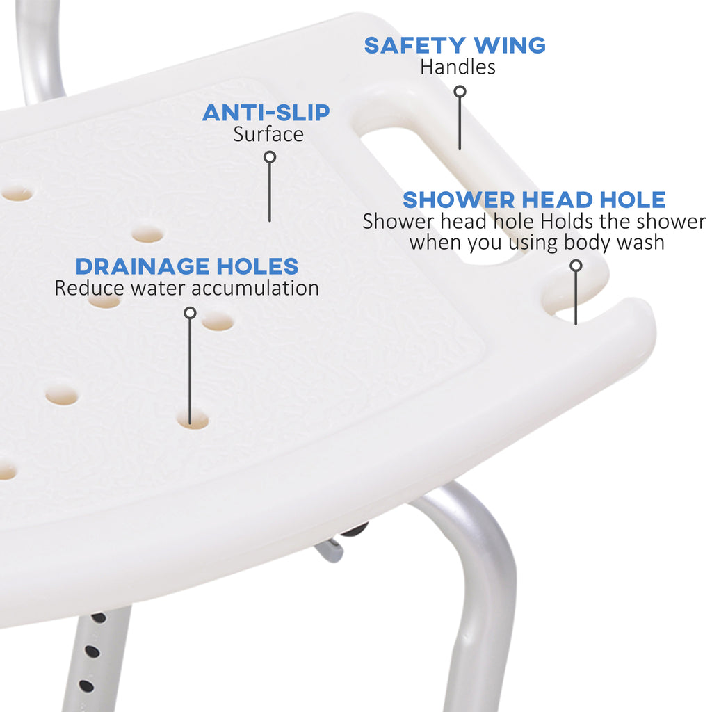 Bath Chair with Back, Adjustable Height Non-slip Shower Stool Bench Tool-Free Assembly Bathroom Aids, White
