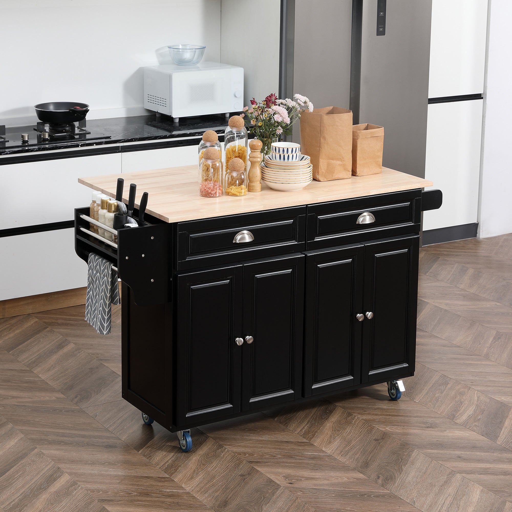 Kitchen Island with Storage, Rolling Kitchen Island with Drop Leaf, Rubber Wood Top and Adjustable Shelves, White