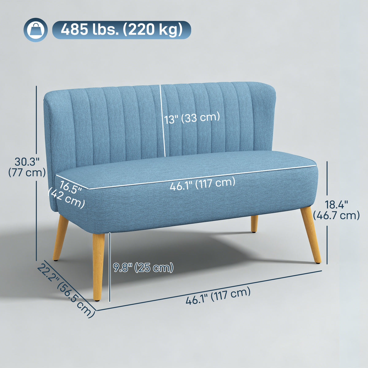 2 መንበር ሶፋ፣ ብጨርቂ ተሸፊኑ ሎቭሲት ሶፋ ብራበር ዕጨይ እግሪ፣ ሰማያዊ