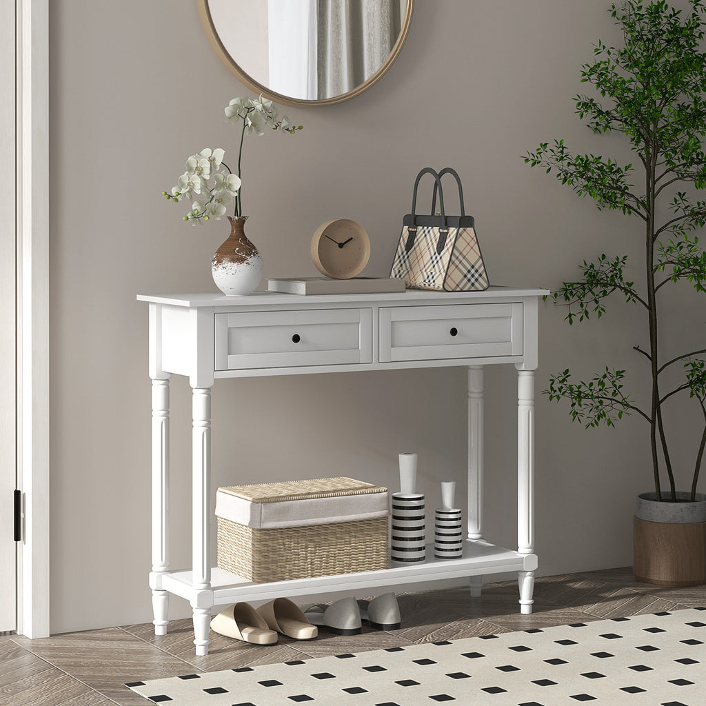 Hallway Console Table, Modern Entryway Table with 2 Drawers, Storage Shelf, Turned Legs for Living Room, Bedroom, Black