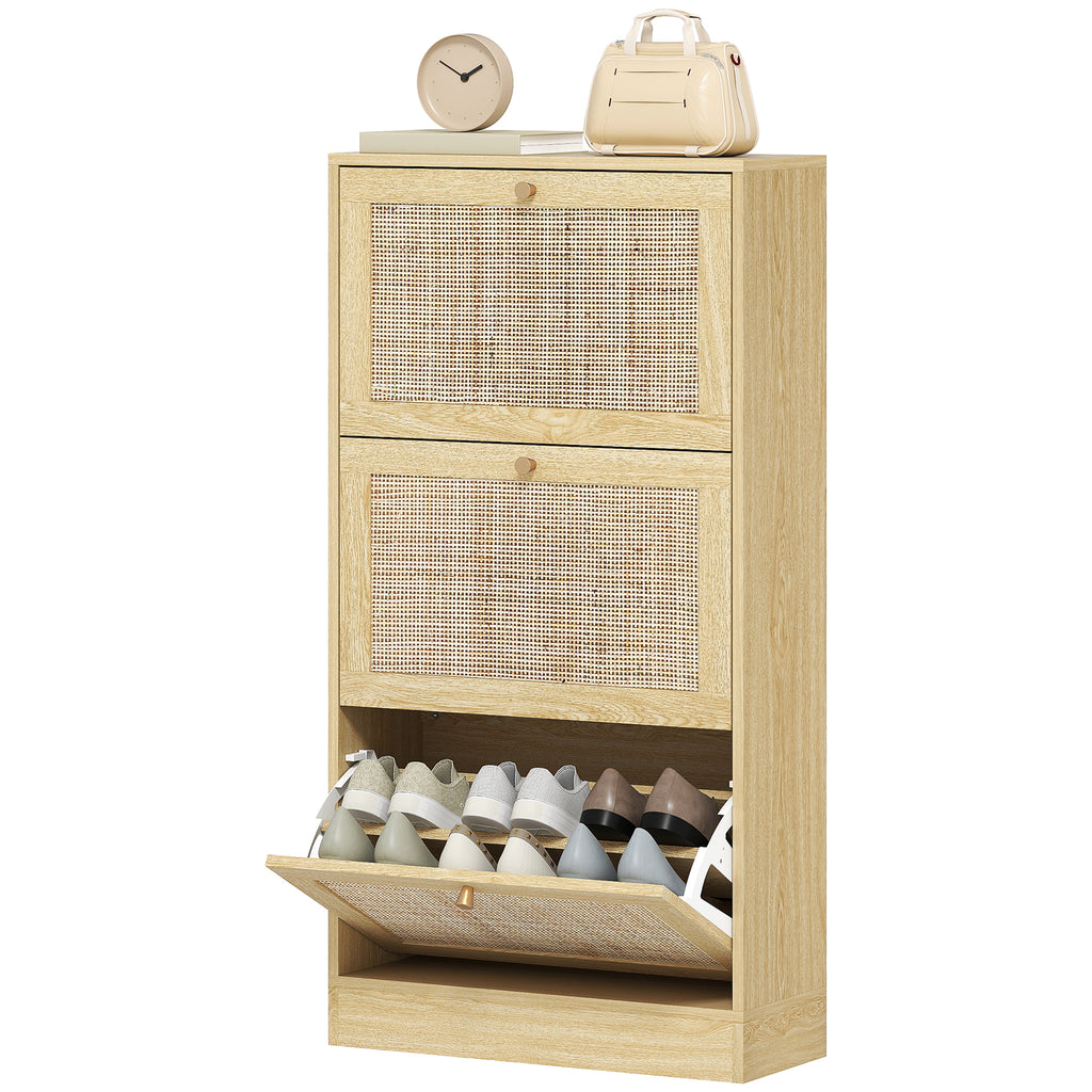 Rattan Shoe Storage Cabinet with 3 Flip Drawers and Adjustable Shelves, Entryway Shoe Cabinet for 18 Pairs, Black
