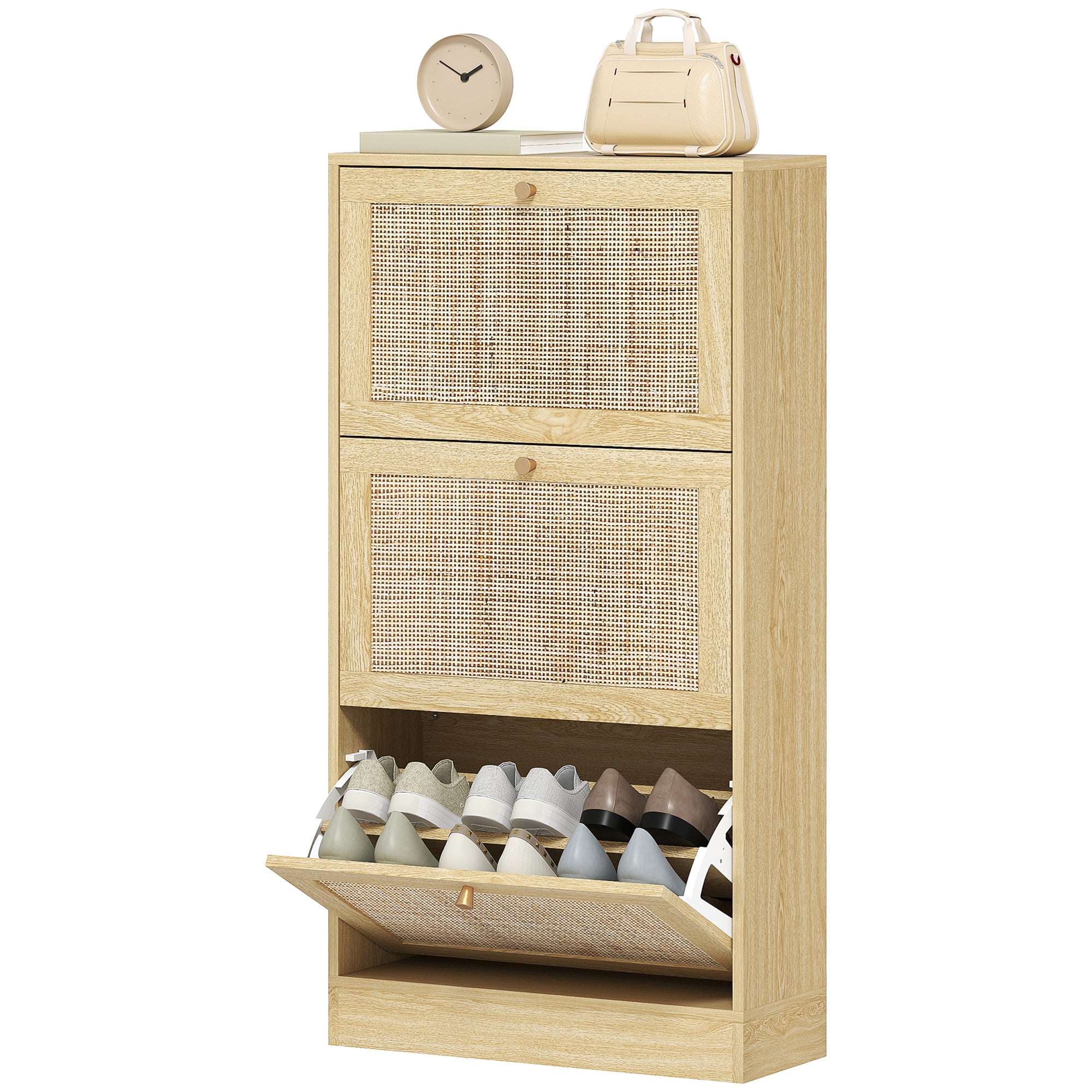 Rattan Shoe Storage Cabinet with 3 Flip Drawers and Adjustable Shelves, Entryway Shoe Cabinet for 18 Pairs, Black