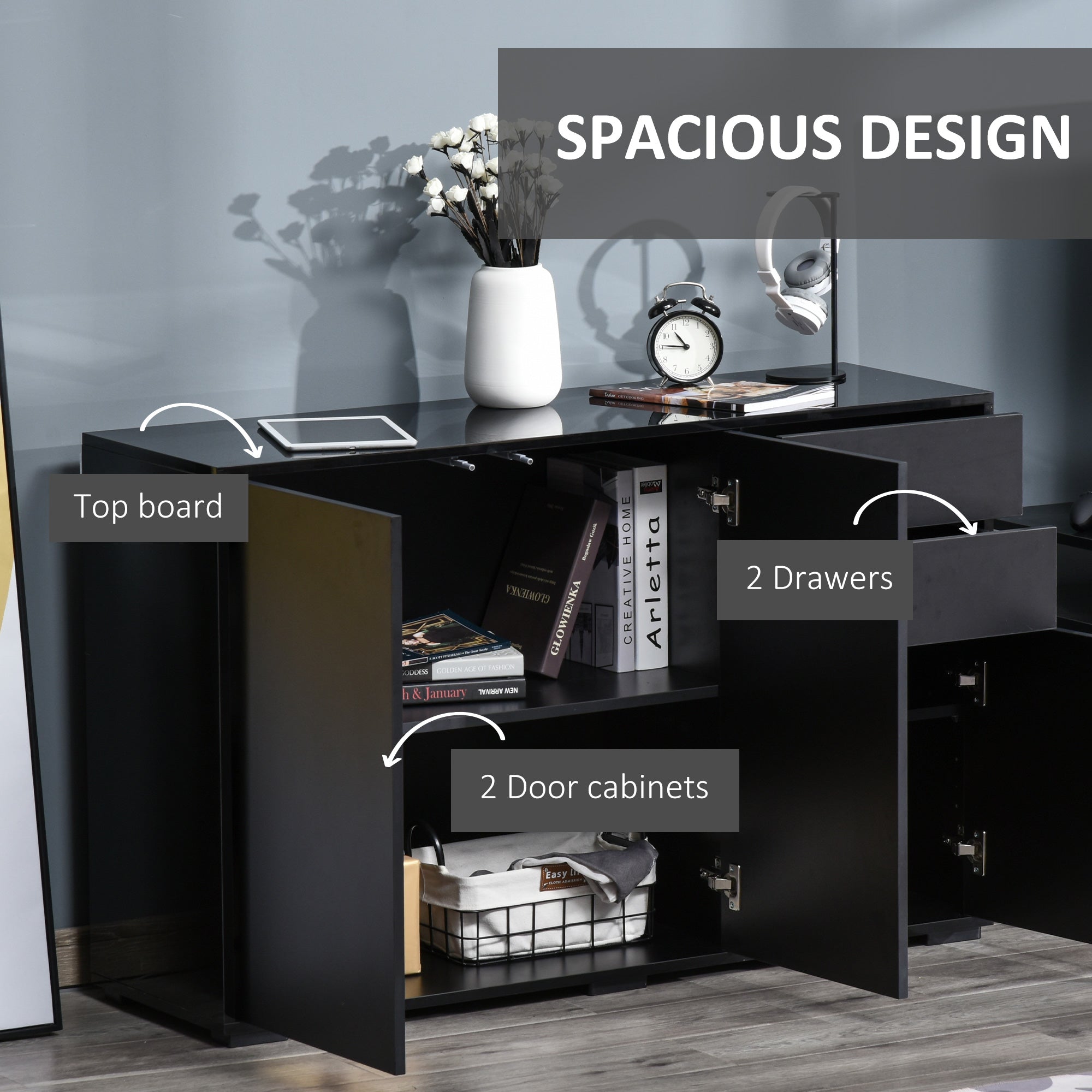 Kitchen Sideboard Storage Cabinet, Modern Coffee Bar with Push-Open Design and 2 Drawers for Living Room, Black