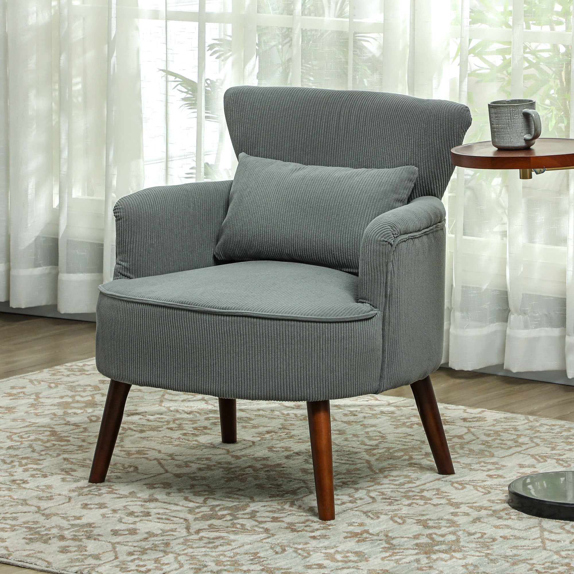 Modern Accent Chair, Upholstered Armchair with Solid Wood Legs and Lumbar Pillow for Living Room, Green