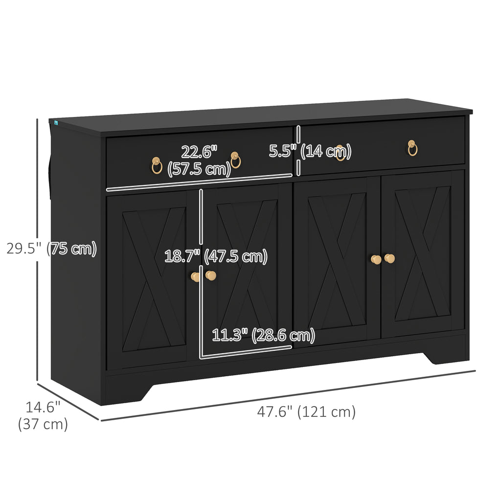 Sideboard Cabinet with 2 Drawers, 4 Barn Doors and 2 Adjustable Shelves, Buffet Table for Living Room, Black