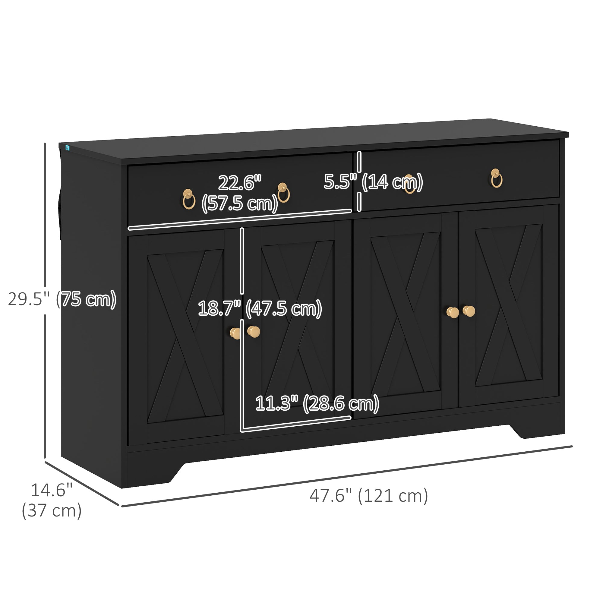 Sideboard Cabinet with 2 Drawers, 4 Barn Doors and 2 Adjustable Shelves, Buffet Table for Living Room, Black