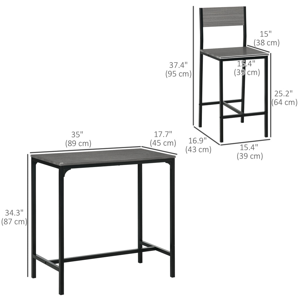 Industrial Bar Table Set Counter Height 3 Piece and 2 High Back Stools Set Dining Table Set Grey