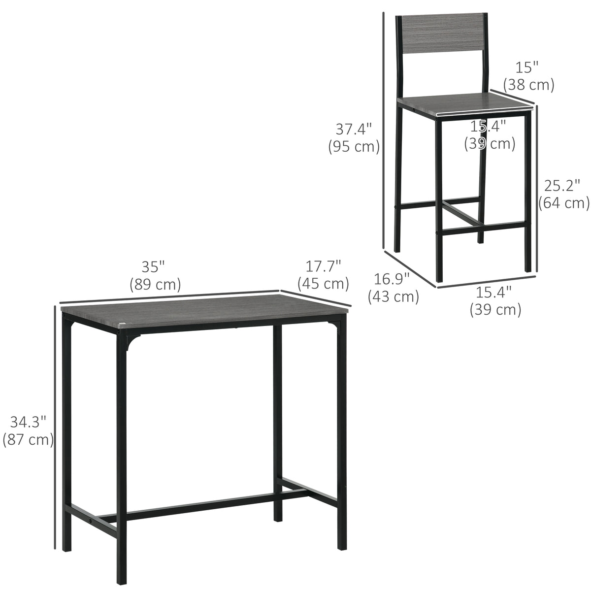 Industrial Bar Table Set Counter Height 3 Piece and 2 High Back Stools Set Dining Table Set Grey