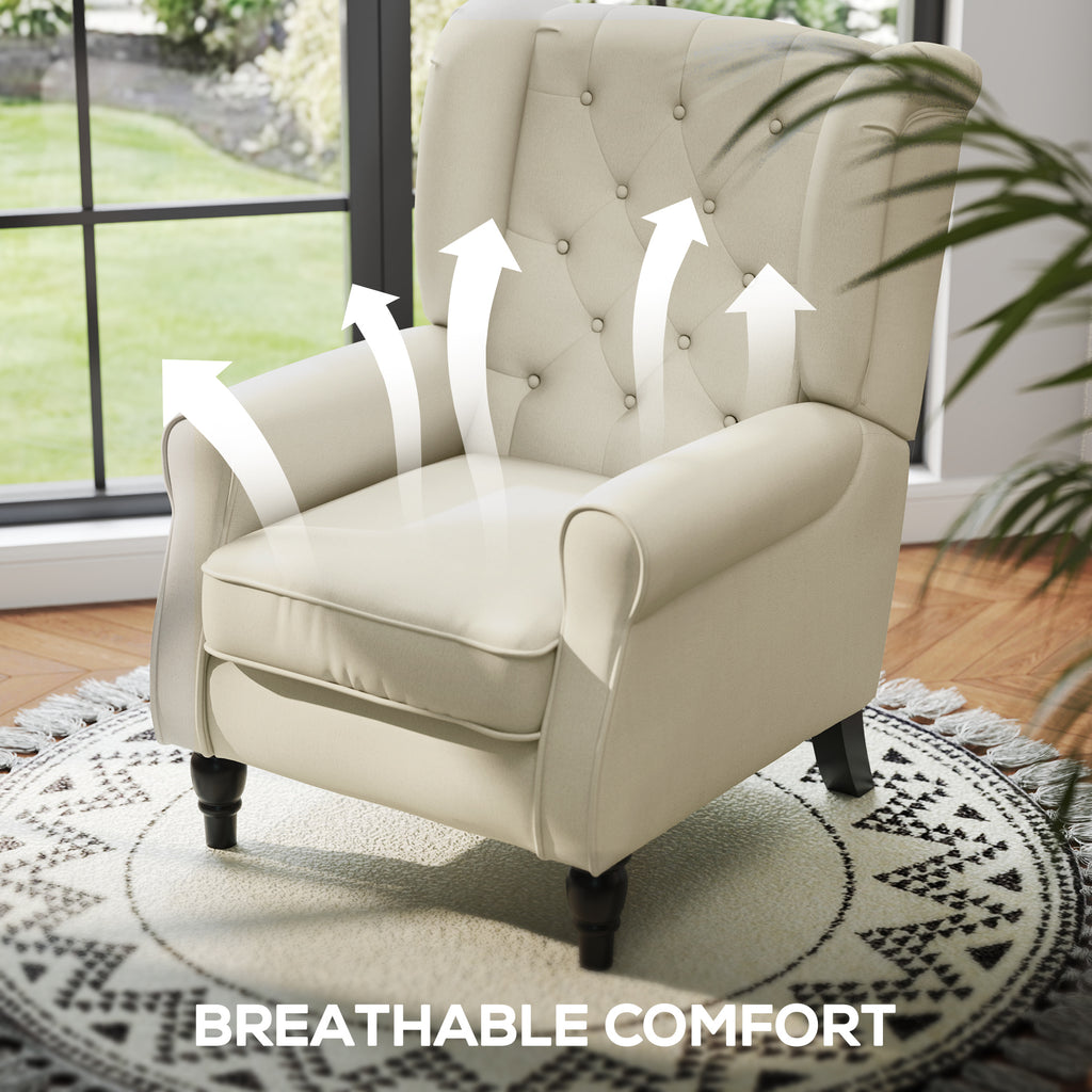 Fabric Accent Chair, Button Tufted Armchair, Upholstered Modern Living Room Chair, Wingback Chair with Wood Legs, Rolled Arms, Thick Padding for Bedroom, White